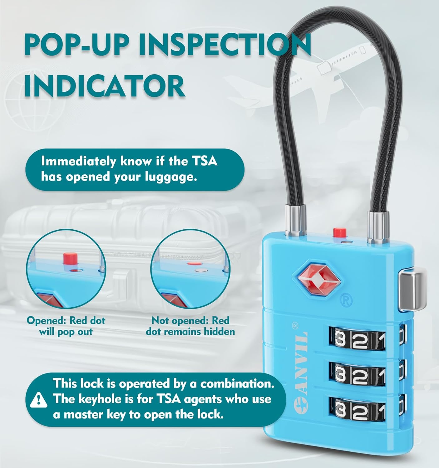 ANVIL TSA Approved Luggage Locks – High Security TSA008 Combination Travel Locks with Inspection Indicator for Suitcases and Backpacks. (4, Bule)