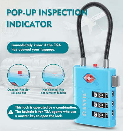 ANVIL TSA Approved Luggage Locks – High Security TSA008 Combination Travel Locks with Inspection Indicator for Suitcases and Backpacks. (2, Bule)