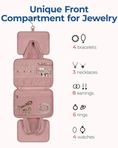 BAGSMART Travel Toiletry Bag with Jewelry Organizer, Hanging Travel Bag for Toiletries, Puffy Makeup Cosmetic Bag Organizer, Carry-on Travel Accessories Essentials, Dark Pink-M