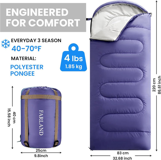 FARLAND Sleeping Bags 30℉ for Adults Teens Kids with Compression Sack Portable and Lightweight for 3-4 Season Camping, Hiking,Waterproof, Backpacking and Outdoors