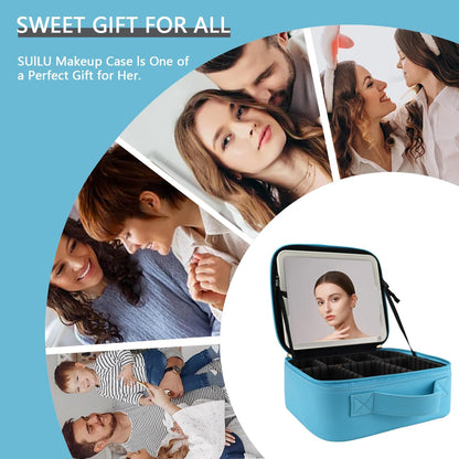 Makeup Bag with Led Mirror,Travel Makeup Organizer with 3 Color Setting, Portable Storage and Adjustable Dividers Travel Makeup Bag(blue)