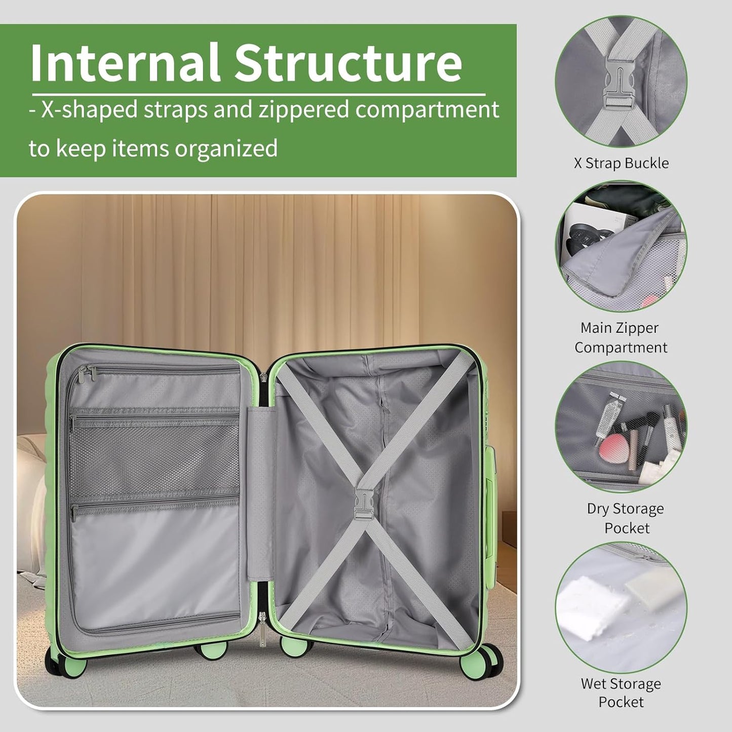 5-Piece Luggage Set, Lightweight ABS+PC Hard Shell Suitcase with YKK Zipper & TSA Lock for Family, Avocado Green, 14in/18in/20in/24in/28in