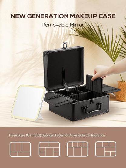 OMIRO Makeup Case, Makeup Bag with Light Up Mirror Set, Makeup Organizer Bag with Magnet Makeup Mirror for Women and Girls