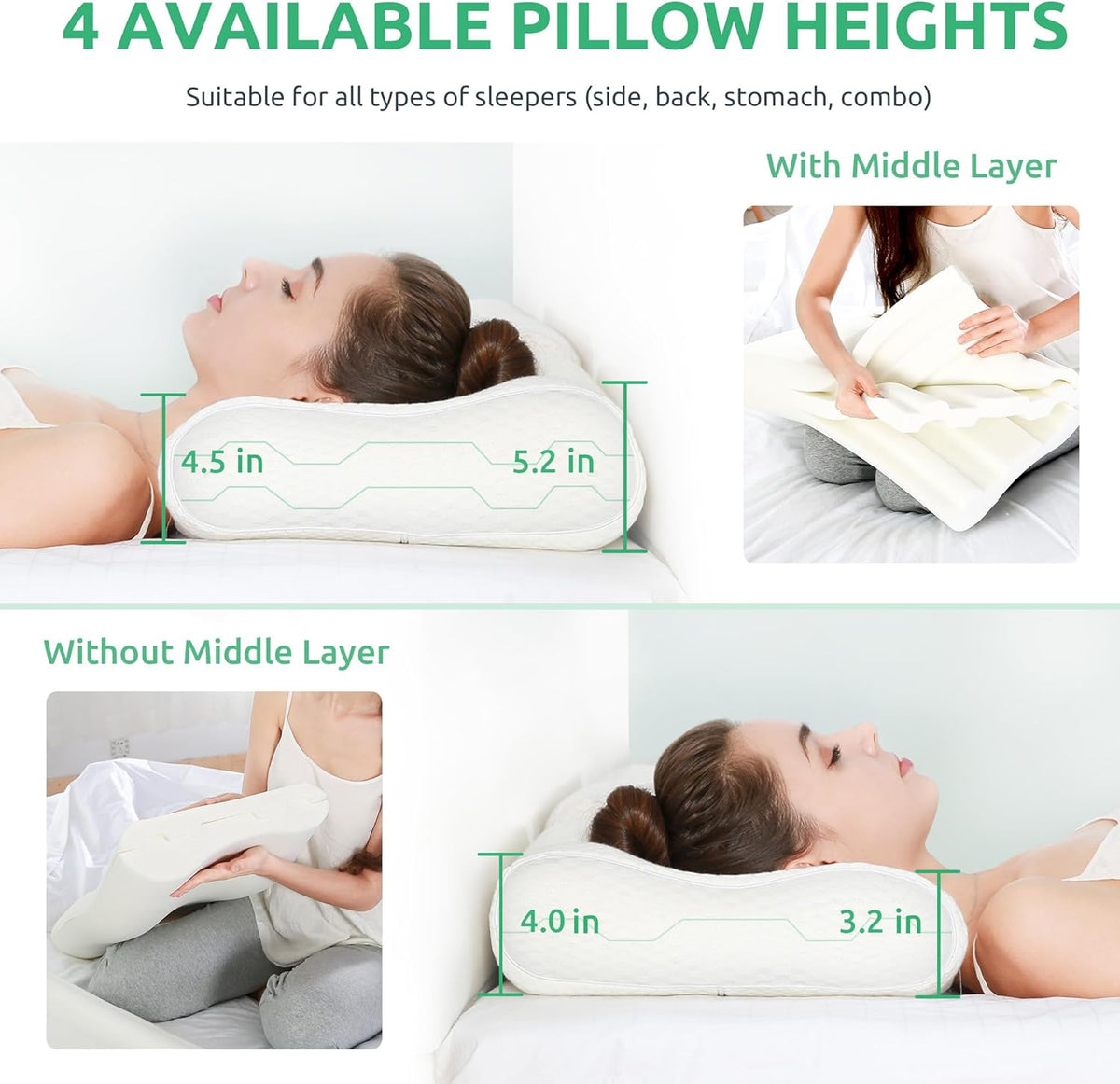 UTTU Cervical Pillow for Neck Strain Relief, Memory Foam Neck Pillow for Sleeping, Adjustable Orthopedic Sandwich Pillow, Contour Cooling for Side Back Stomach Sleeper, Medium(23.6"×14"×5.2"/4.5")