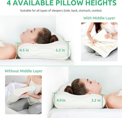UTTU Cervical Pillow for Neck Strain Relief, Memory Foam Neck Pillow for Sleeping, Adjustable Orthopedic Sandwich Pillow, Contour Cooling for Side Back Stomach Sleeper, Travel(15.7"×11"×5.2"/4.5")