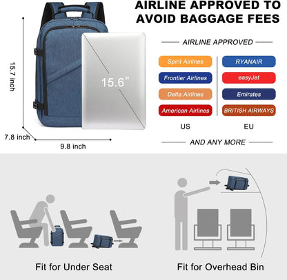 Kono Carry on Backpack, 16" Airplane Approved Under Seat Travel Backpack for Men and Women, Waterproof Lightweight Daypack for Flight 20L (Navy, Small)