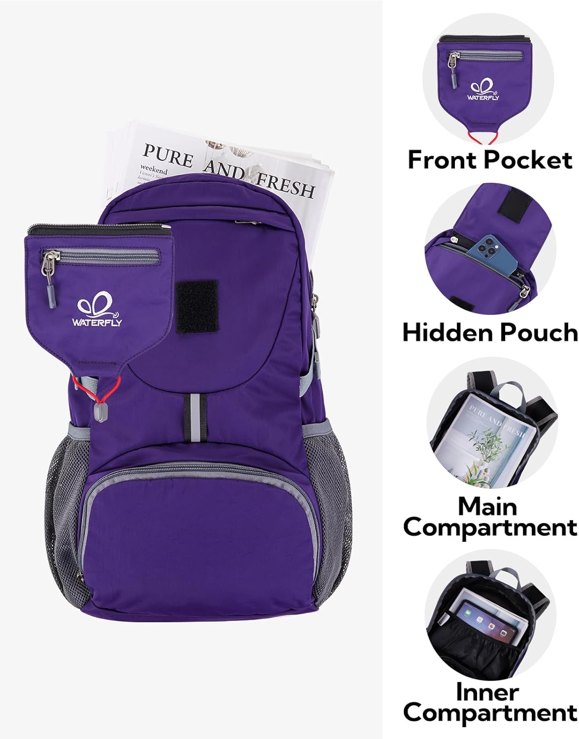 WATERFLY Small Lightweight Packable Backpack: 20l Ultra Light Foldable Travel Hiking Camping Daypack Day Pack for Man Woman