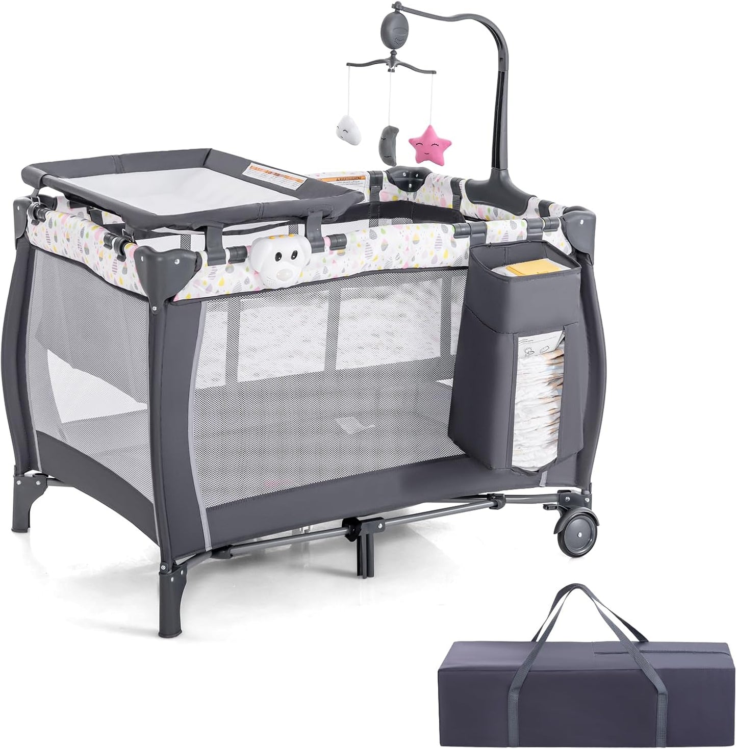 HONEY JOY Pack and Play, 3 in 1 Portable Baby Playard with Bassinet, Changing Table, Lockable Wheels, Music Box, Foldable Travel Baby Crib Nursery Center from Newborn to Toddler (Water Drop Gray)