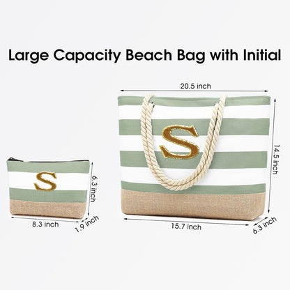 Becokan Beach Bag Initial Beach Tote with Makeup Bag for Travel Work Storage Personalized Birthday Gifts for Women Her