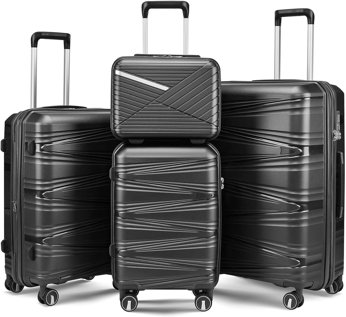 4-Piece Expandable Hardshell Luggage Set with TSA Lock (14/20/24/28) - Lightweight PP Suitcases, 360° Silent Spinner Wheels and Durable 100LB Handle for Air Travel (Black)