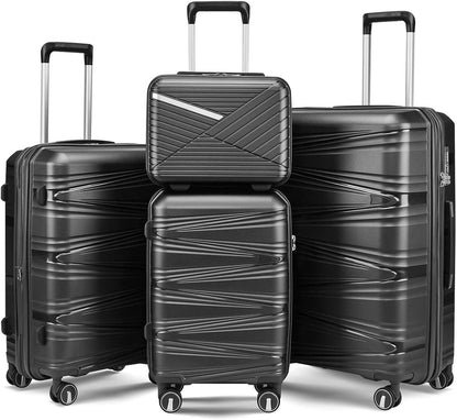 4-Piece Expandable Hardshell Luggage Set with TSA Lock (14/20/24/28) - Lightweight PP Suitcases, 360° Silent Spinner Wheels and Durable 100LB Handle for Air Travel (Black)