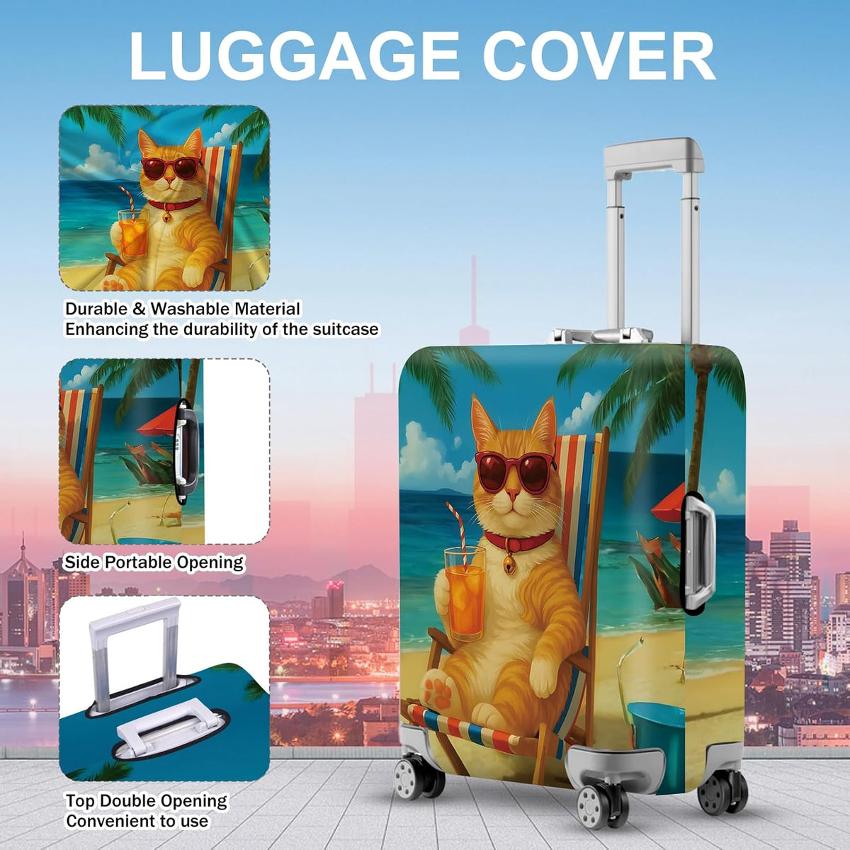 ANNA QUEEN Summer Cat Luggage Cover, Cat in Sunglasses with a Beach Drink, Stretchable, Washable Travel Protector for 28-30 Inch Suitcases