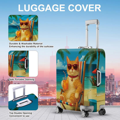 ANNA QUEEN Summer Cat Luggage Cover, Cat in Sunglasses with a Beach Drink, Stretchable, Washable Travel Protector for 28-30 Inch Suitcases