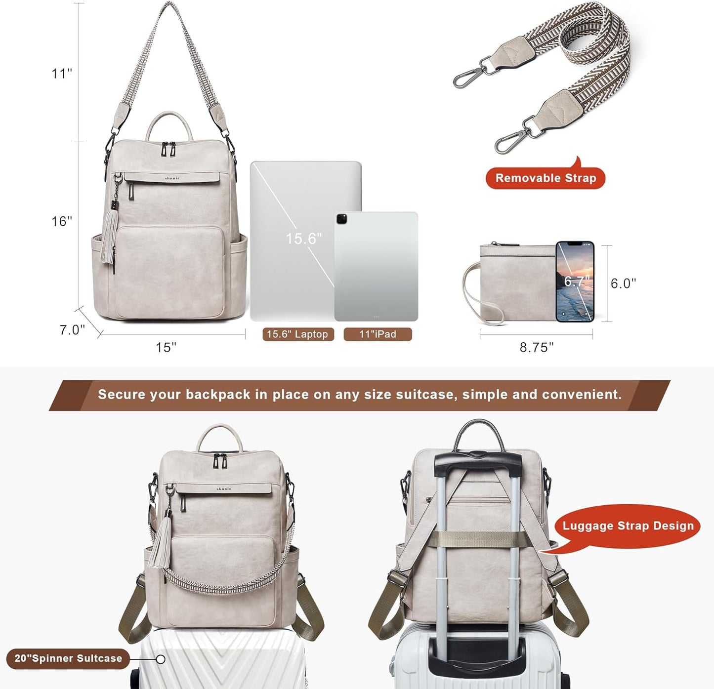 Shrrie Vegan Leather Laptop Backpack for Women 15.6 inch Work Backpack Fashion Travel Backpack Purse for Travel College Work