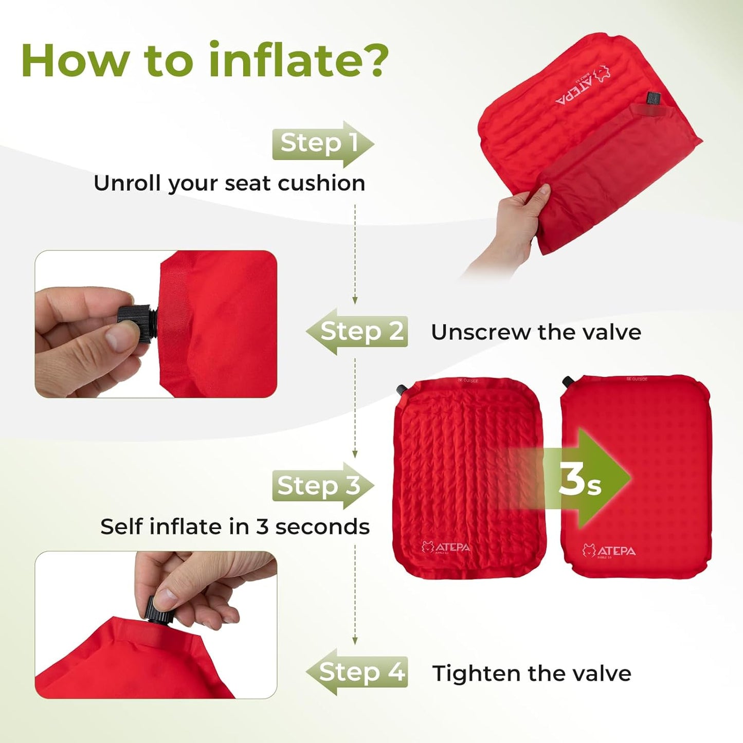ATEPA Inflatable Stadium Seat Cushion, Self-Inflating Memory Foam Stadium Seats Bleacher Seat Chair Cushion Pad for Airplane Travel Backpacking Sports Events