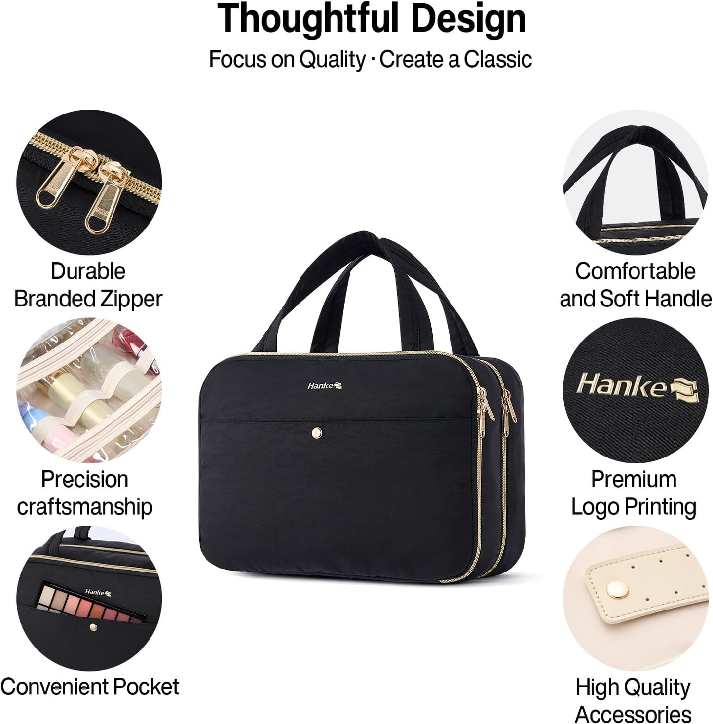 Hanke Hanging Travel Toiletry Bag for Women with Jewelry Organizer Compartment, Travel Essentials Toiletries and Makeup Bag, Water-Resistant & Stain-Resistant with Trolley Strap (Black)