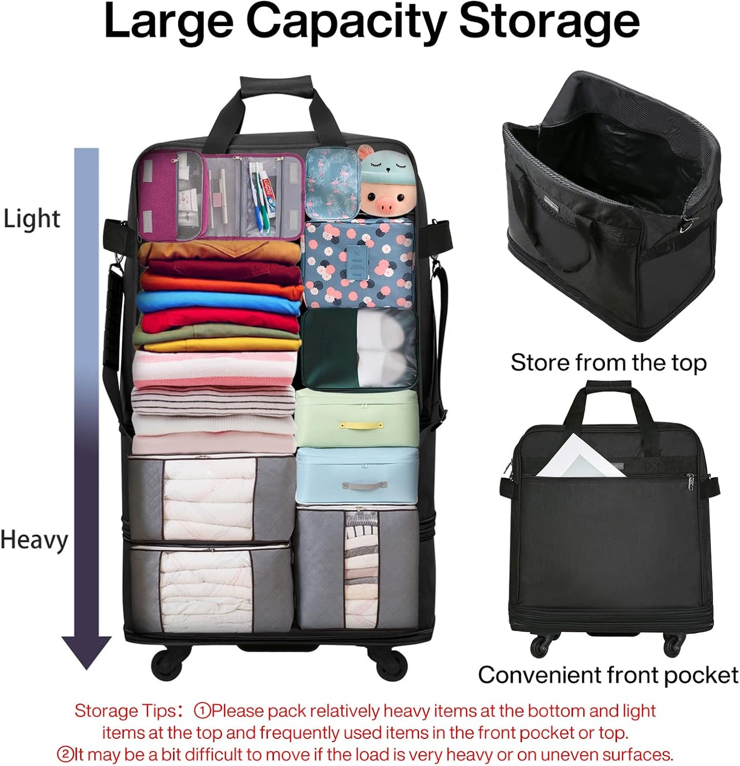 Hanke Suitcases with Wheels Expandable Foldable Luggage Bag Suitcase Collapsible Rolling Travel Bag Duffel Bag for Men Women Lightweight Suitcases without Telescoping Handle, Black