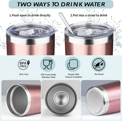 20oz Tumbler with Straw and Brush, Stainless Steel Vacuum Insulated tumbler, Double Wall Insulated Coffee Tumbler for Outdoor, Home, Travel,Office (Rose Gold,8pcs)
