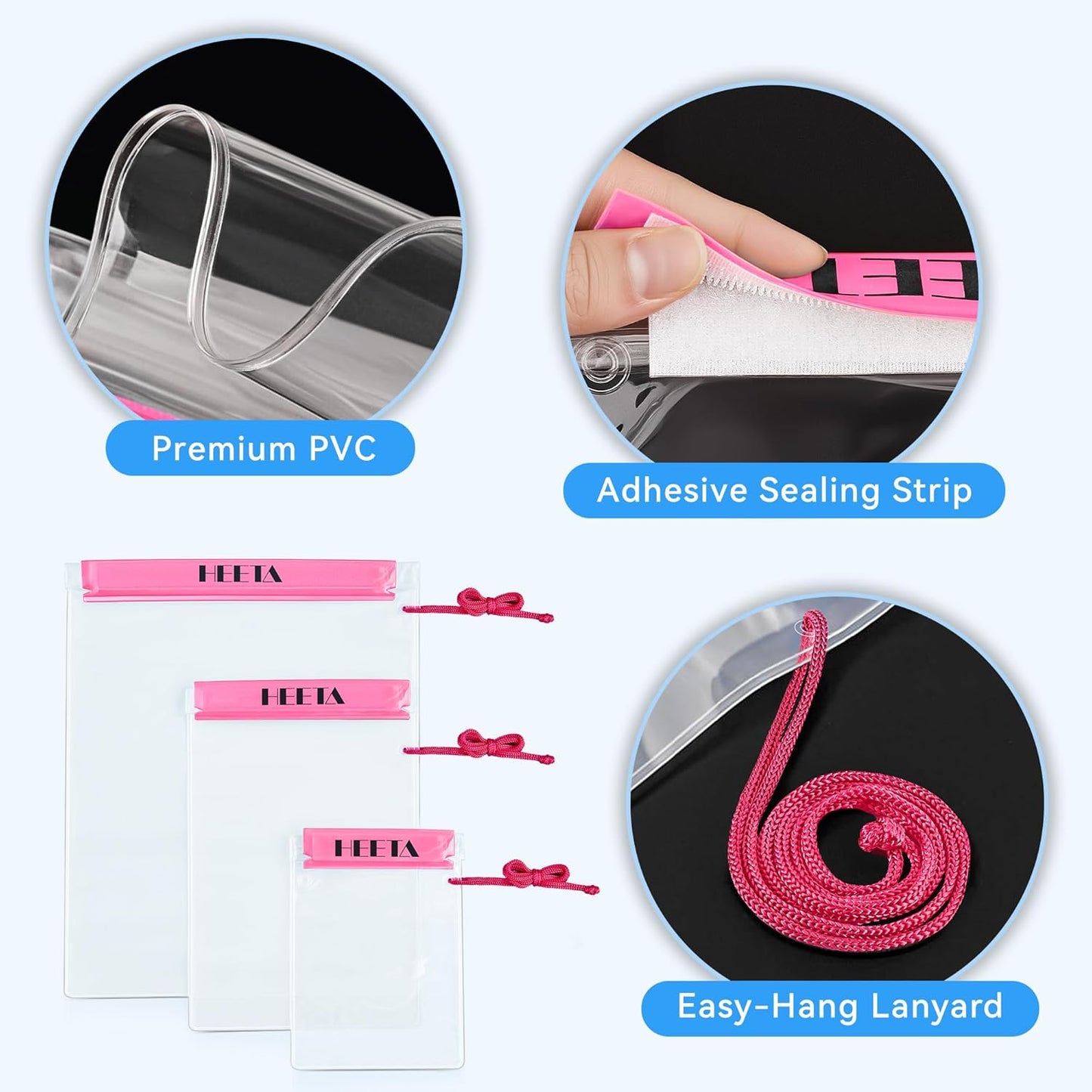 HEETA 5-Pack Clear Waterproof Dry Bag, Water Tight Cases Pouch Dry Bags for Camera Mobile Phone Maps, Kayaking Boating Document Holder