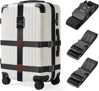 Luggage Straps with TSA Lock, Adjustable Heavy Duty Black Luggage Straps for Suitcase with Reinforced Buckles, Cross Luggage Strap TSA Approved Combination Locks with Name Tags for Travel & Trip