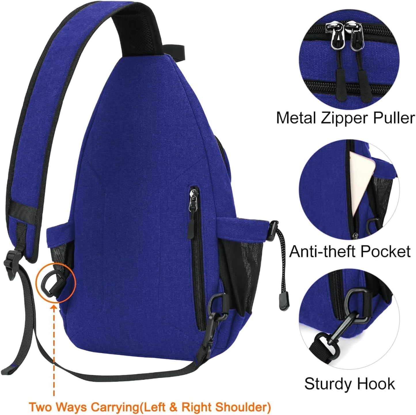 MOSISO Sling Backpack,Canvas Crossbody Hiking Daypack Bag with Anti-theft Pocket, Royal Blue