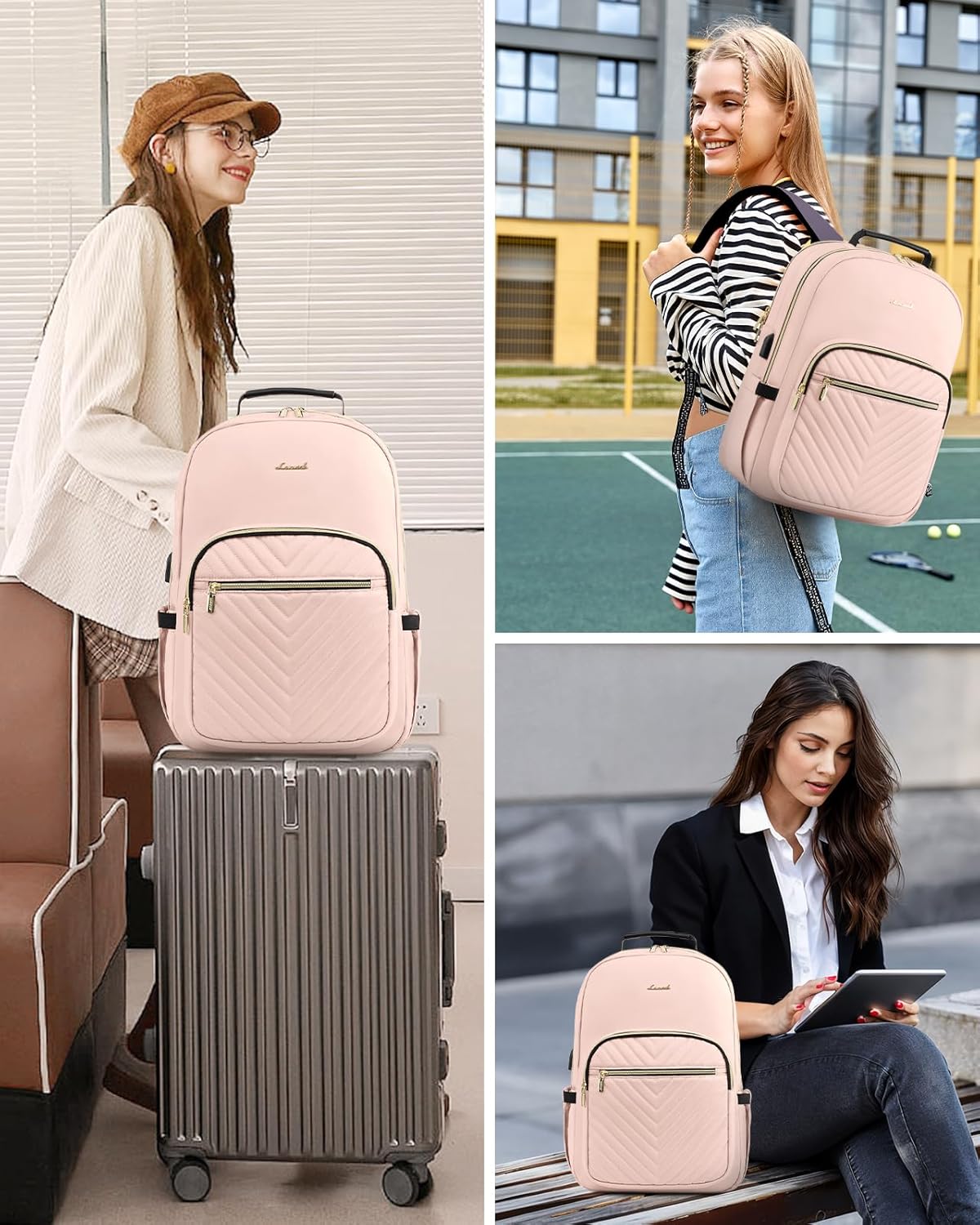 LOVEVOOK Laptop Backpack Purse for Women, Large Capacity Travel Business Computer Work Bag, Quilted Casual Nurse Backpack for Womens, Fit 15.6 Inch Laptop with USB Port, Nude