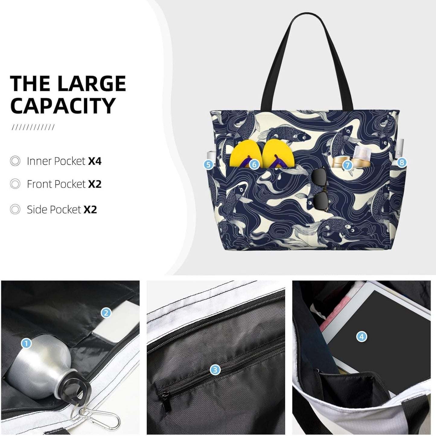 Beach Bag for Women Beach Tote Bag Waterproof Sandproof Large Bags with Zipper Big Capacity for Vacation Travel