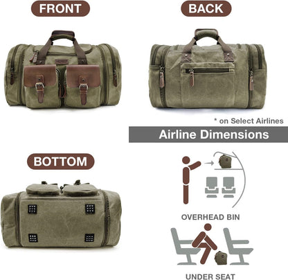 Wildroad 60L Travel Duffel Bag, Expandable Canvas Genuine Leather Duffle Bag Upgraded Overnight Weekender Bag Carry on Bag