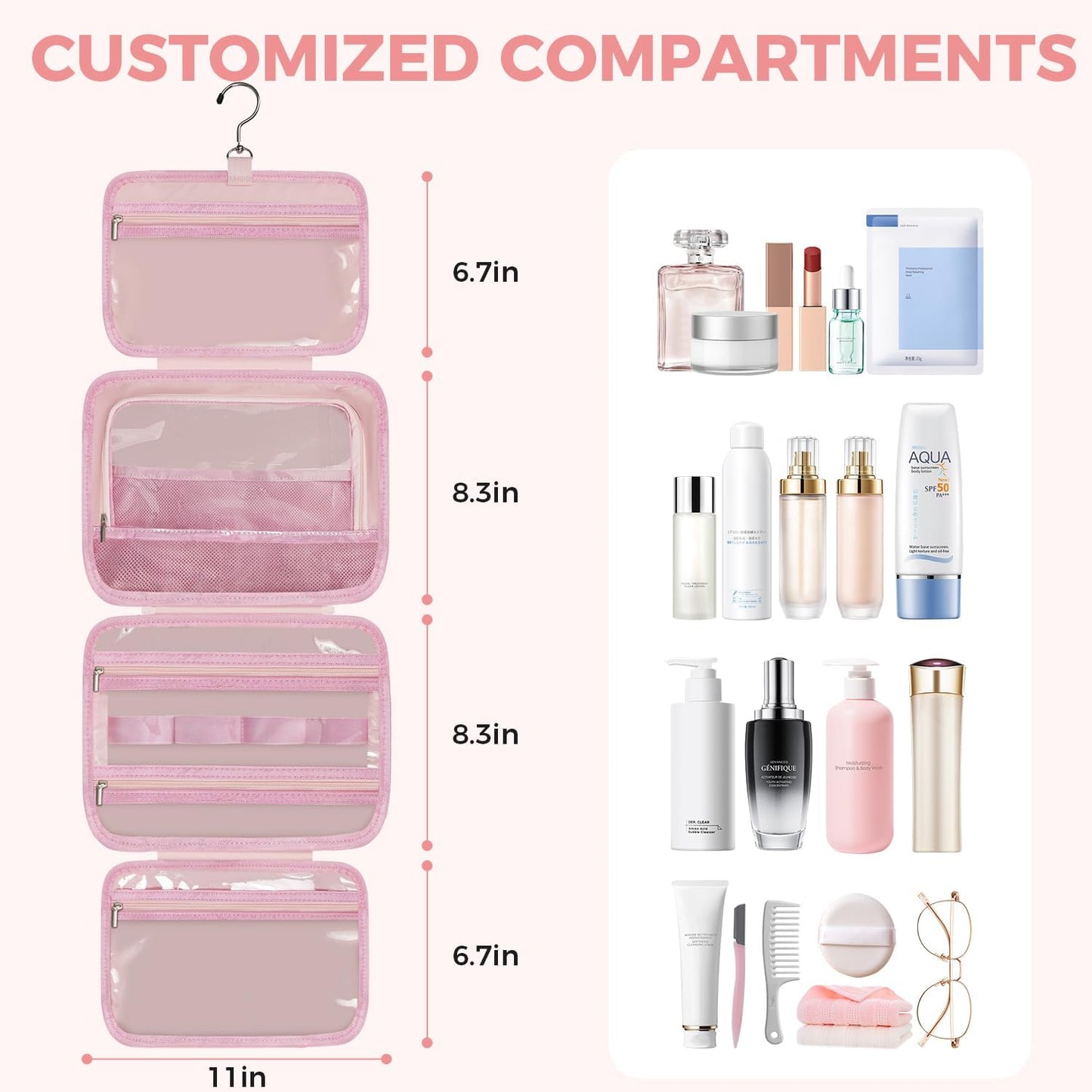 Toiletry Bag For women,Portable Hanging Organizer,4 Leakproof Compartment for full-sized Conditioner, Brushes Set, Makeup Accessories,Visible and easy to access.M-light pink