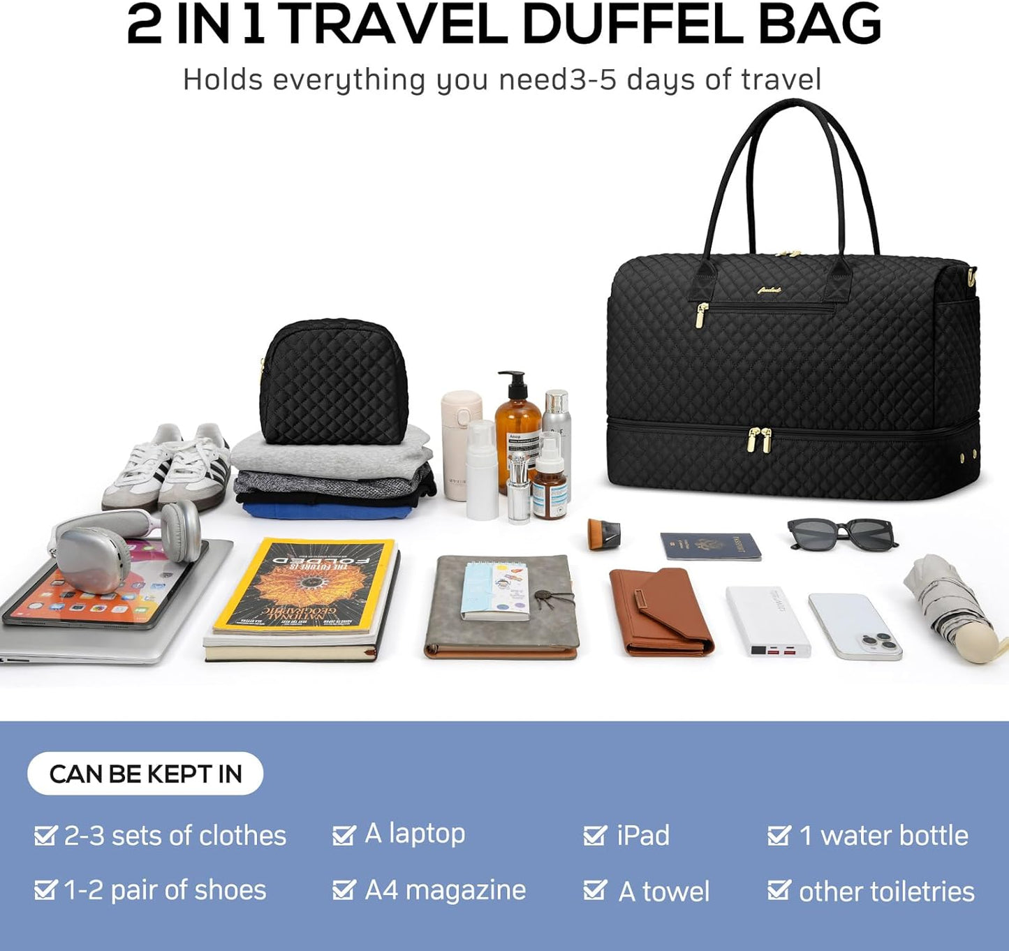 Travel Weekender Bags for Women - Duffle Bag Women with Shoe Compartment Carry On Overnight Bag with Toiletry Bag Duffel Bags with Wet Pocket for Gym Hospital Bags for Labor and Delivery Black