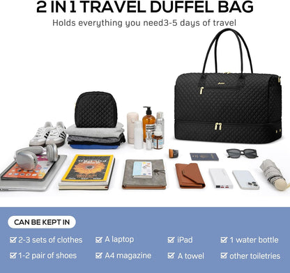 Travel Weekender Bags for Women - Duffle Bag Women with Shoe Compartment Carry On Overnight Bag with Toiletry Bag Duffel Bags with Wet Pocket for Gym Hospital Bags for Labor and Delivery Black