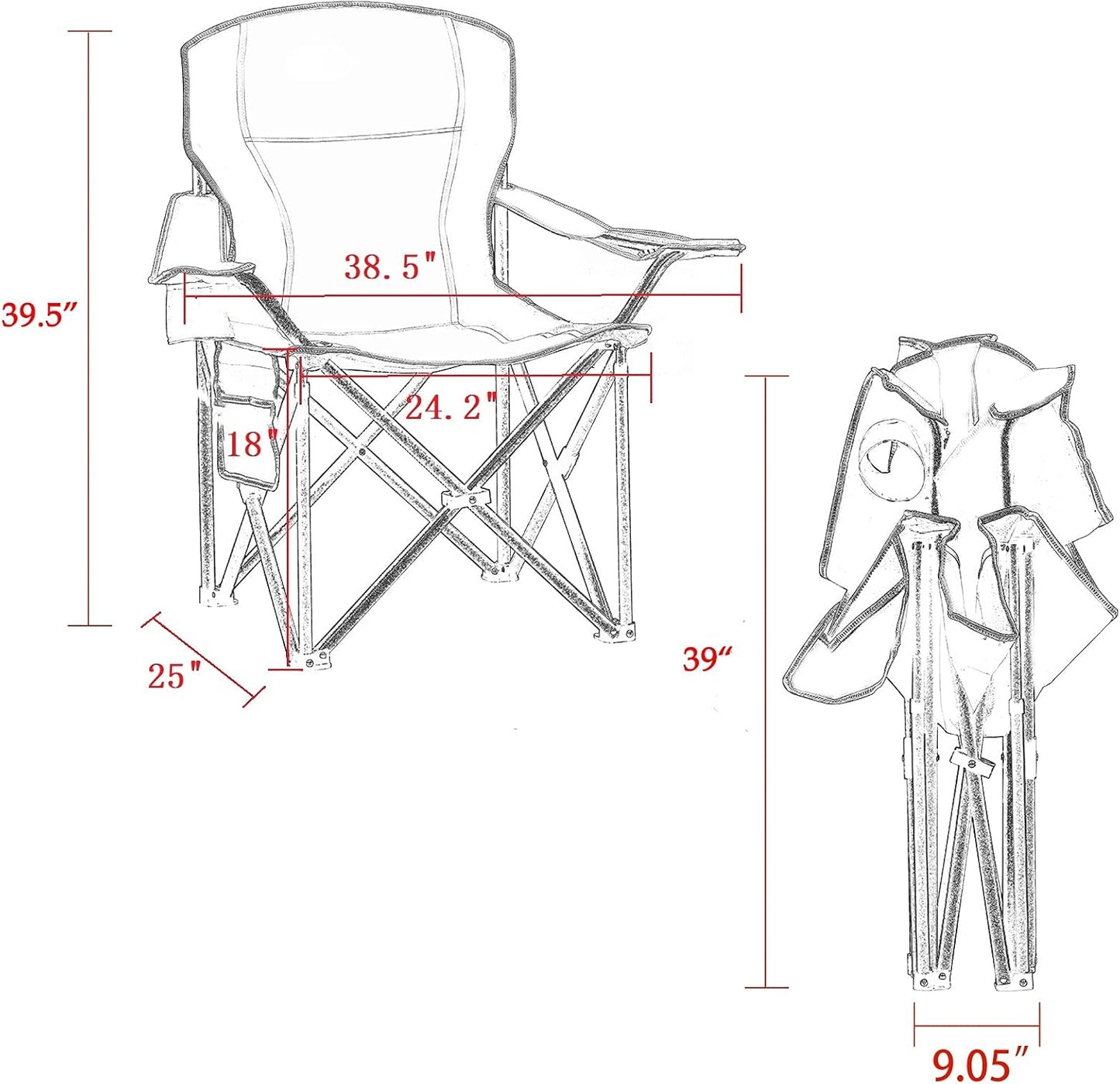 Padded Camping Chairs for Adults, Oversized Folding Outdoor Chairs Red Color, Weight Capacity 475lbs, with Cooler Bag, Cup Holder, Storage Pocket, Carry Bag