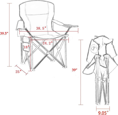 Padded Camping Chairs for Adults, Oversized Folding Outdoor Chairs, Weight Capacity 475lbs, with Cooler Bag, Cup Holder, Storage Pocket Carry Bag (Black - 2 Pack)