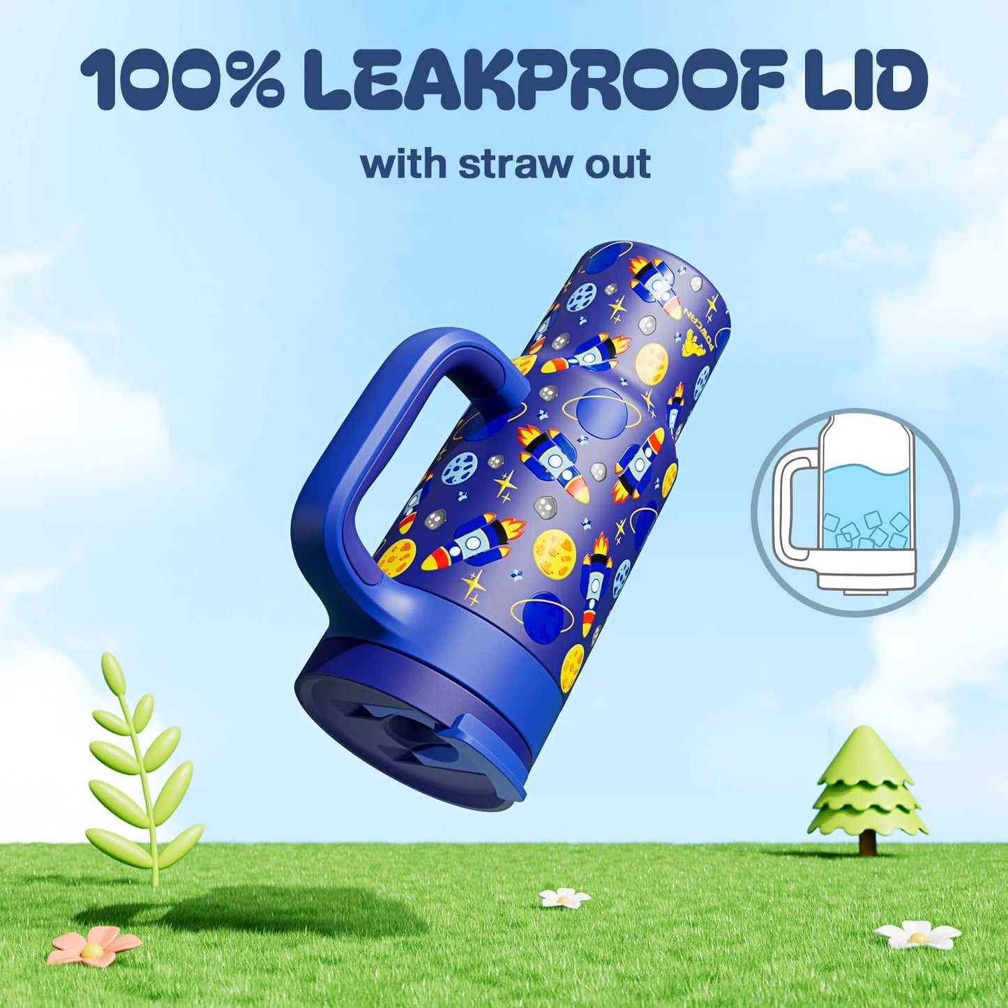 24 oz Stainless Steel Tumbler for Children: Durable Handle, Easy to Clean, Straw Gulp Lid, Car Cup Holder Friendly, Insulated Cup for Sport, Hiking, Carry, Adventures, Bag, Classroom (Space Rocket)