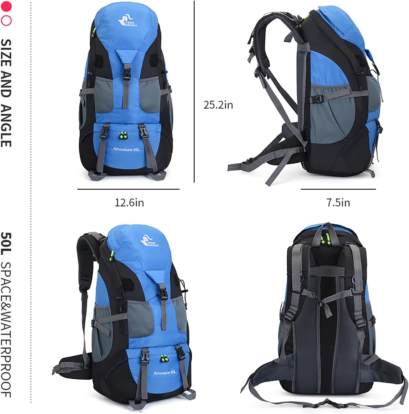 Bseash 50L Hiking Backpack, Water Resistant Lightweight Outdoor Sport Daypack Travel Bag for Camping Climbing Skiing Cycling (Light Blue - No Shoe Compartment)