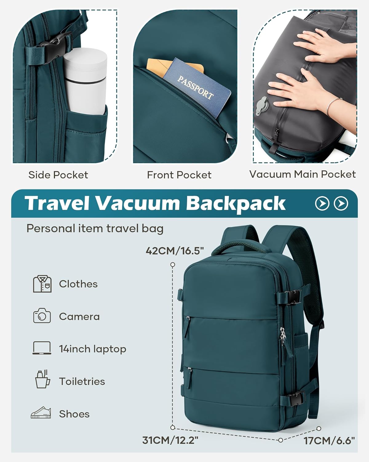 Vacuum Backpack Travel Laptop Backpacks For Women Men Carry On Backpack With Vacuum Compression Bags Seal Packing Personal Item Travel Bag Vacpack Backpacks Without Pump Peacock Blue