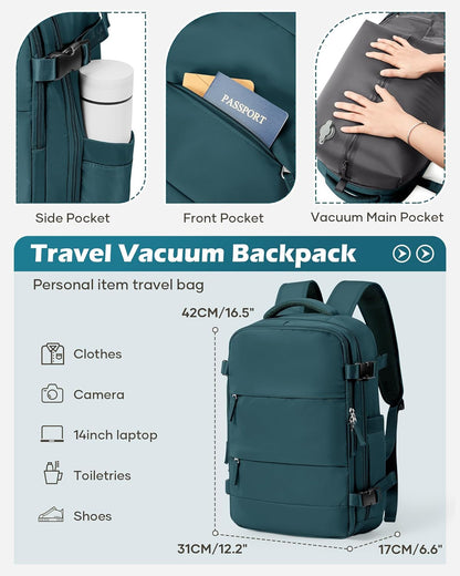 Vacuum Backpack Travel Laptop Backpacks For Women Men Carry On Backpack With Vacuum Compression Bags Seal Packing Personal Item Travel Bag Vacpack Backpacks Without Pump Peacock Blue
