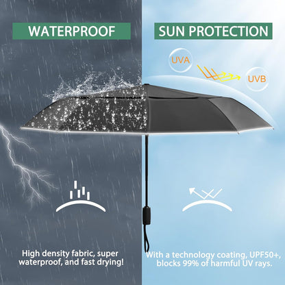 G4Free 42 Inch Eco Windproof Folding Umbrella for Rain & Sun 9 Ribs Wind Resistant Strong Fiberglass Double Canopy with Reflective Strip for Women Men Auto Open Close For Car & Backpack