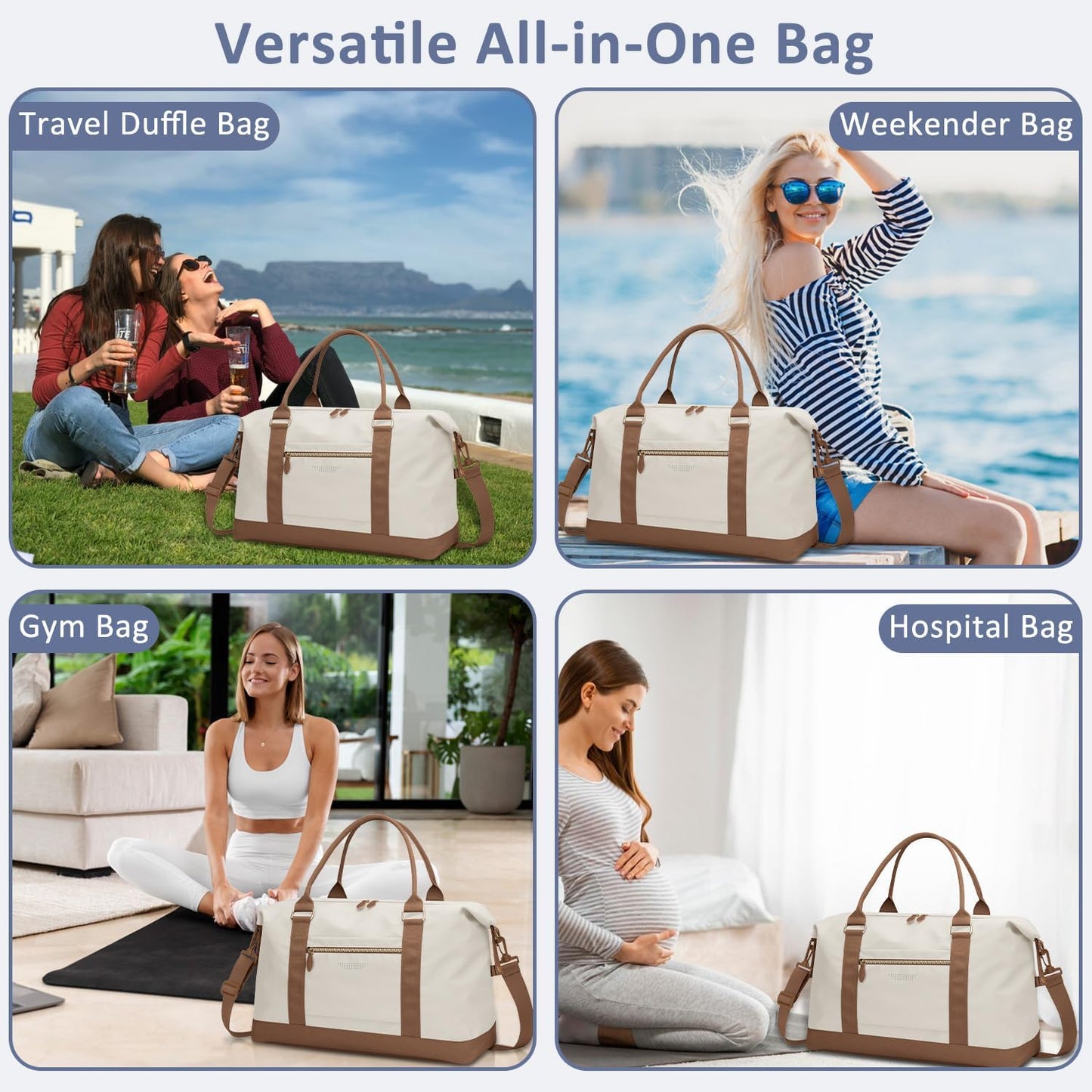 Travel Duffle Bag for Women, Weekender Bags, Hospital Bag for Labor Delivery, Lightweight Tote Duffel Overnight Bag with Luggage Sleeve, Airplane Travel Bags with Toiletry Bag, Large, Beige