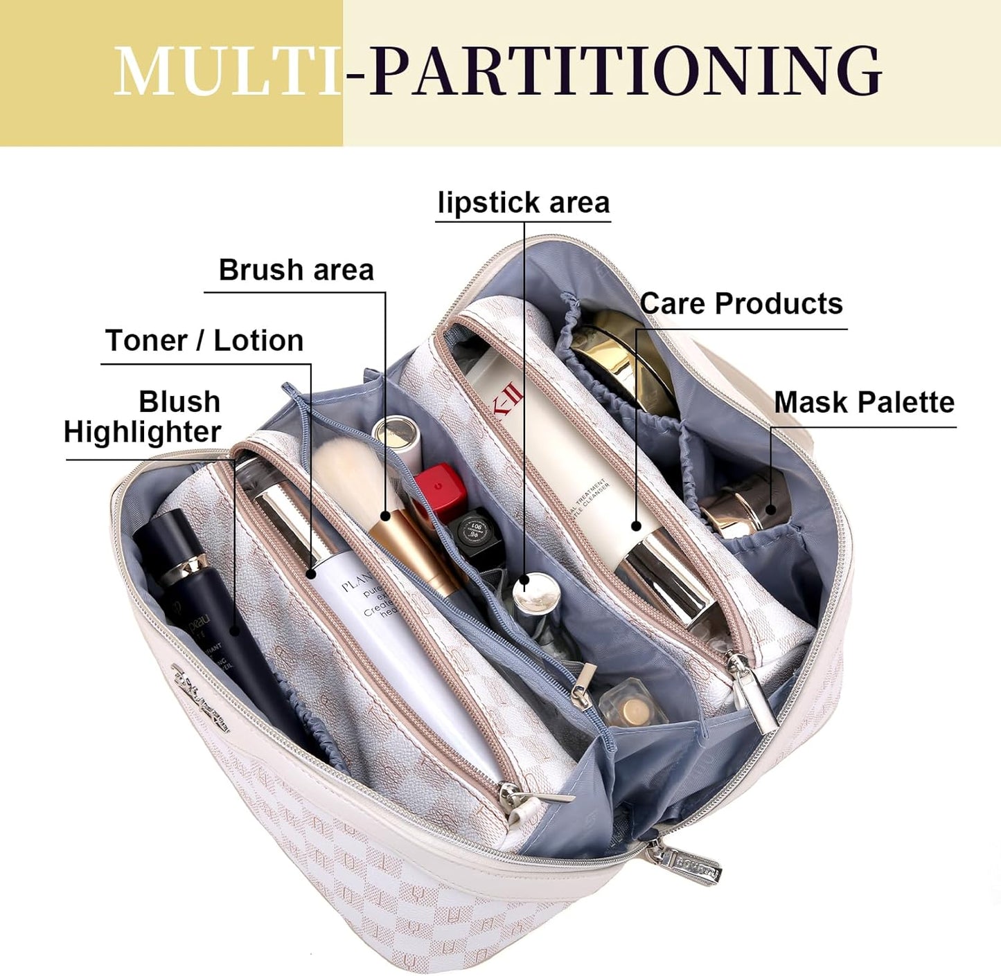 BOYATU Travel Makeup Bag Cosmetic Bags for Women: 3 Pcs Set Portable Make up Bag with Handle - Vegan Leather Toiletry Bags with Compartments - Makeup Organizer for Travel Essentials(02-White)