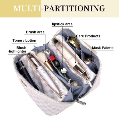 BOYATU Travel Makeup Bag Cosmetic Bags for Women: 3 Pcs Set Portable Make up Bag with Handle - Vegan Leather Toiletry Bags with Compartments - Makeup Organizer for Travel Essentials(02-White)