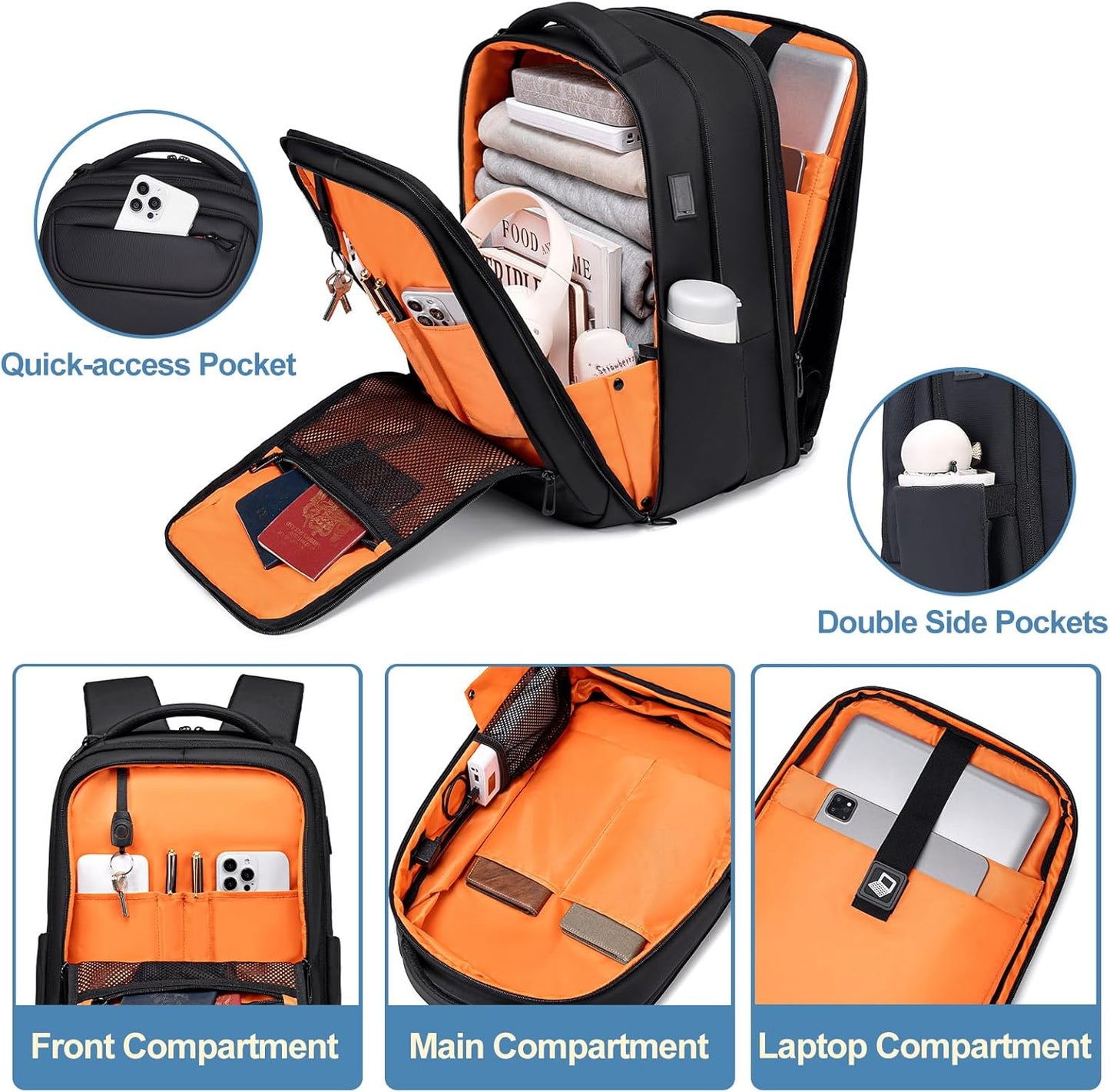 FENRUIEN Expandable Travel Backpack 15.6 Inch, Water Resistant Backpack with USB Charging Port, Black Laptop Bag for Work/Commuter/College