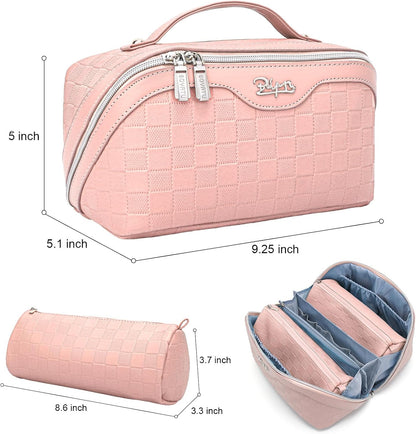 Travel Makeup Bag Organizer Cosmetic Bag: 3 Pcs Set Make up Bags for Women with Handle - Waterproof Vegan Leather Toiletry Bags with Comparments (C-05-Pink)