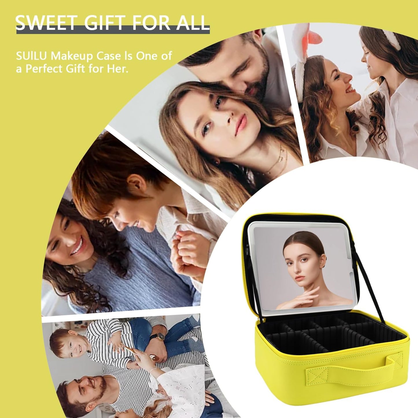 Makeup Bag with Led Mirror,Travel Makeup Organizer with 3 Color Setting, Portable Storage and Adjustable Dividers Travel Makeup Bag(yellow)