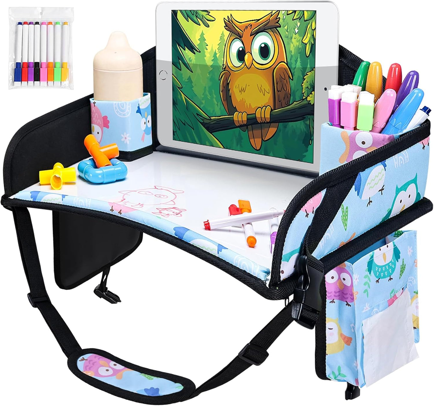 Kids Travel Tray, Car Seat Tray for kids Travel, Toddler Road Trip Essentials With Drawing Kit, Toddler Lap Desk Organizer for Car, Carseat Table for Airplane
