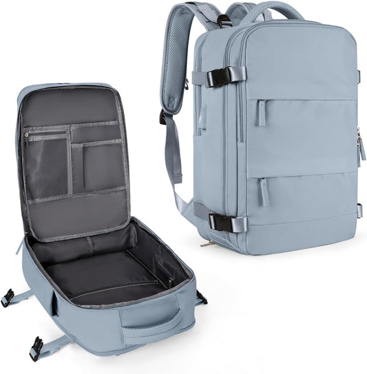 coowoz Large Travel Backpack For Women Men,Carry On Backpack Flight Approved,Hiking Backpack Waterproof Outdoor Rucksack Casual Daypack Fit 15.6 Inch Laptop Shoes Compartment (Gray Blue-L)