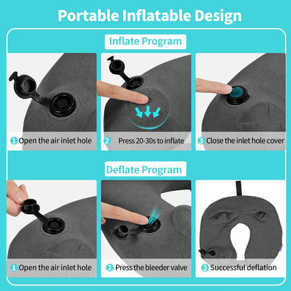 2 Pack Inflatable Travel Neck Pillows for Airplanes, Head Support Velvet Adult Neck Pillows for Long Flight, Kit with Eye Mask, Earplugs and Storage Bag, 2, Dark Gray