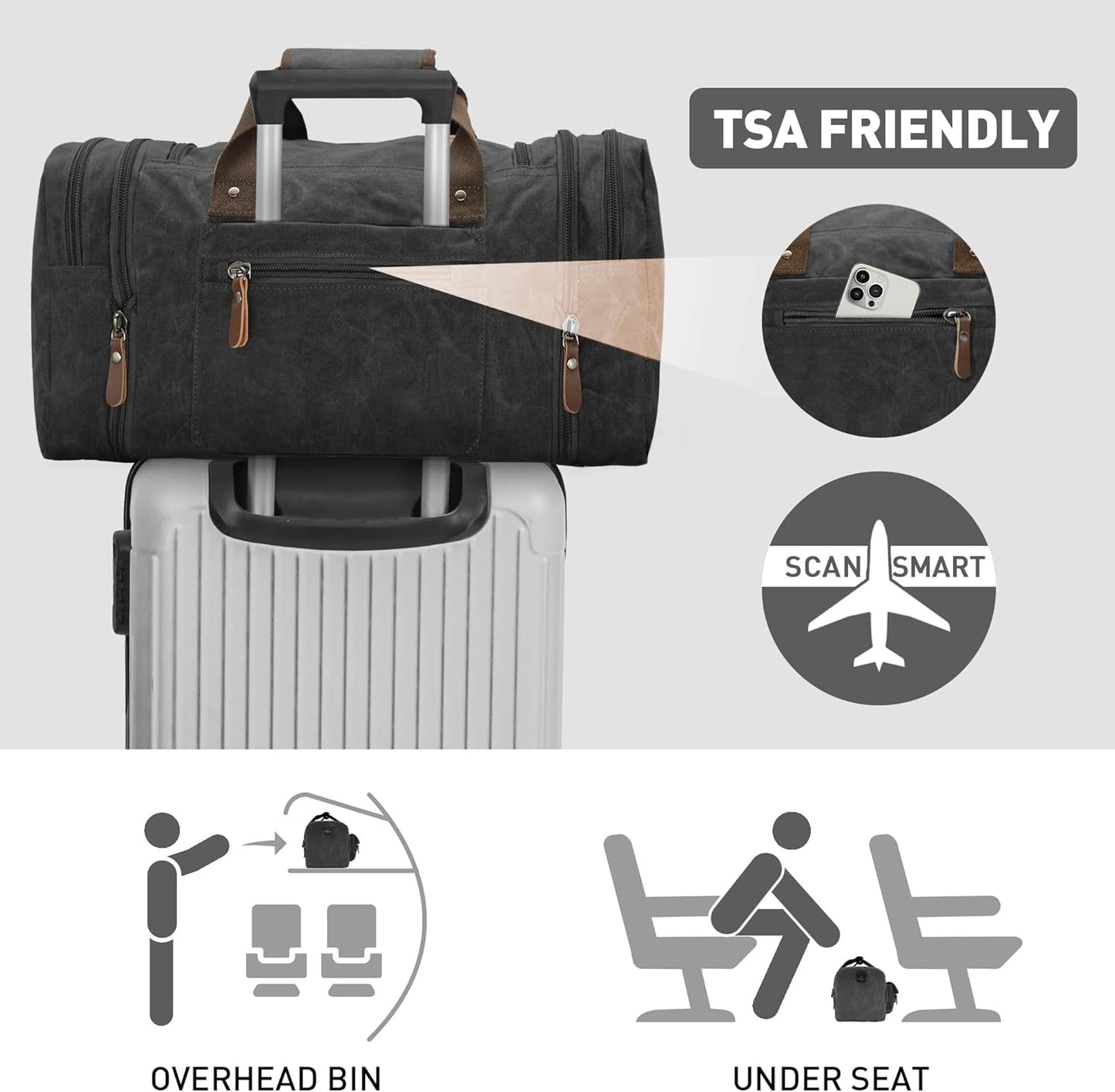 Wildroad 50L Travel Duffel Bag, Expandable Waxed Canvas Genuine Leather Duffle Bag Upgraded Overnight Weekender Bag Carry on Bag (Vintage Black, Large-50L)