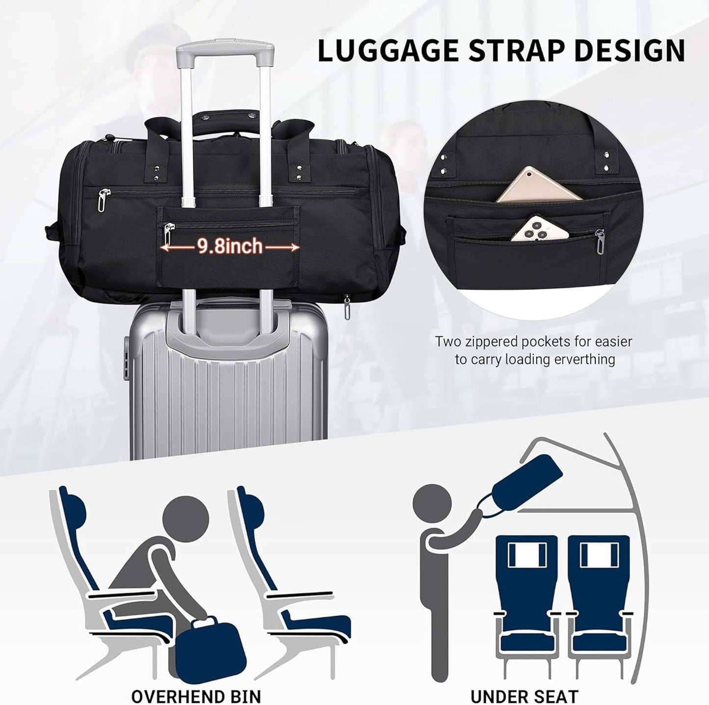 WITZMAN Travel Duffel Bags for Men Large Carry On Weekender Overnight Bag 3 in 1 Backpack with Shoe Compartment （B693 Black）