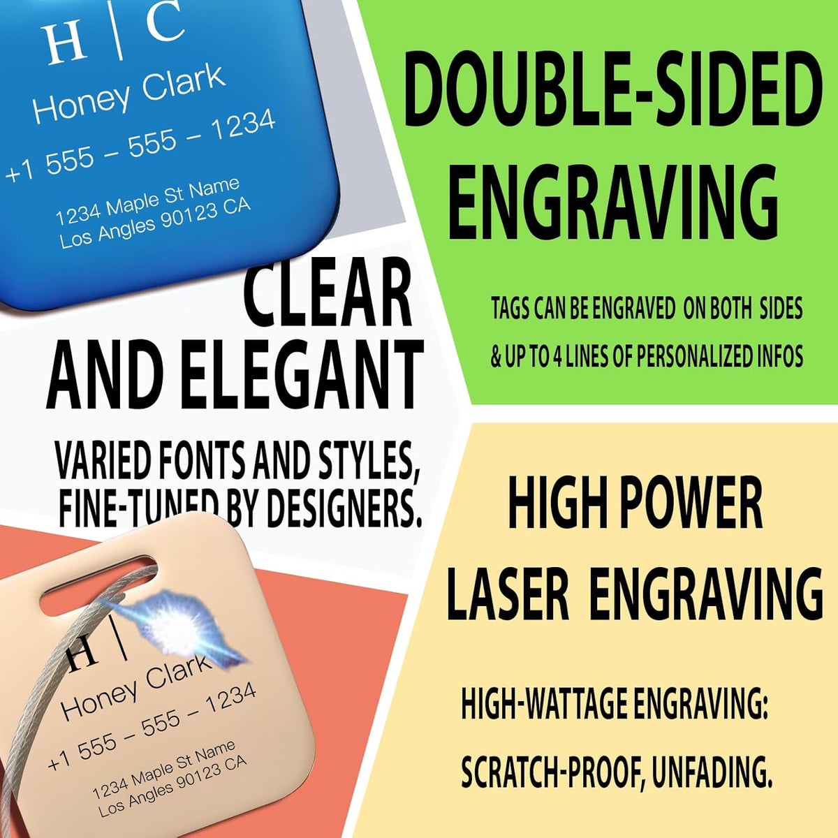 Stainless Luggage Tags for Suitcases 4 Pack: Metal Personalized Luggage Tags for Backpacks & Bags with Customizable Texts (Silver)